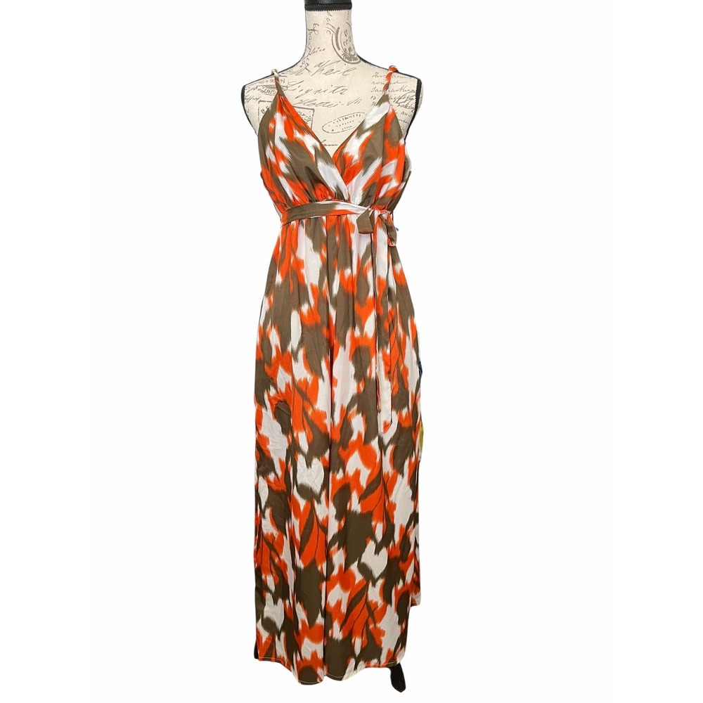 Imanimo Maxi Dress Womens Small Multicolor Ikat Print Sleeveless Belted Boho